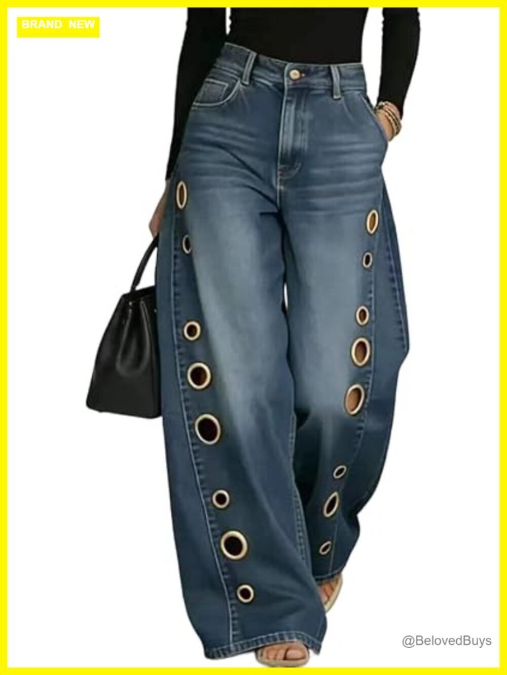Wide Leg Jeans with Circle Cut Out, High Waisted Baggy Denim Pants, Y2K Grommet